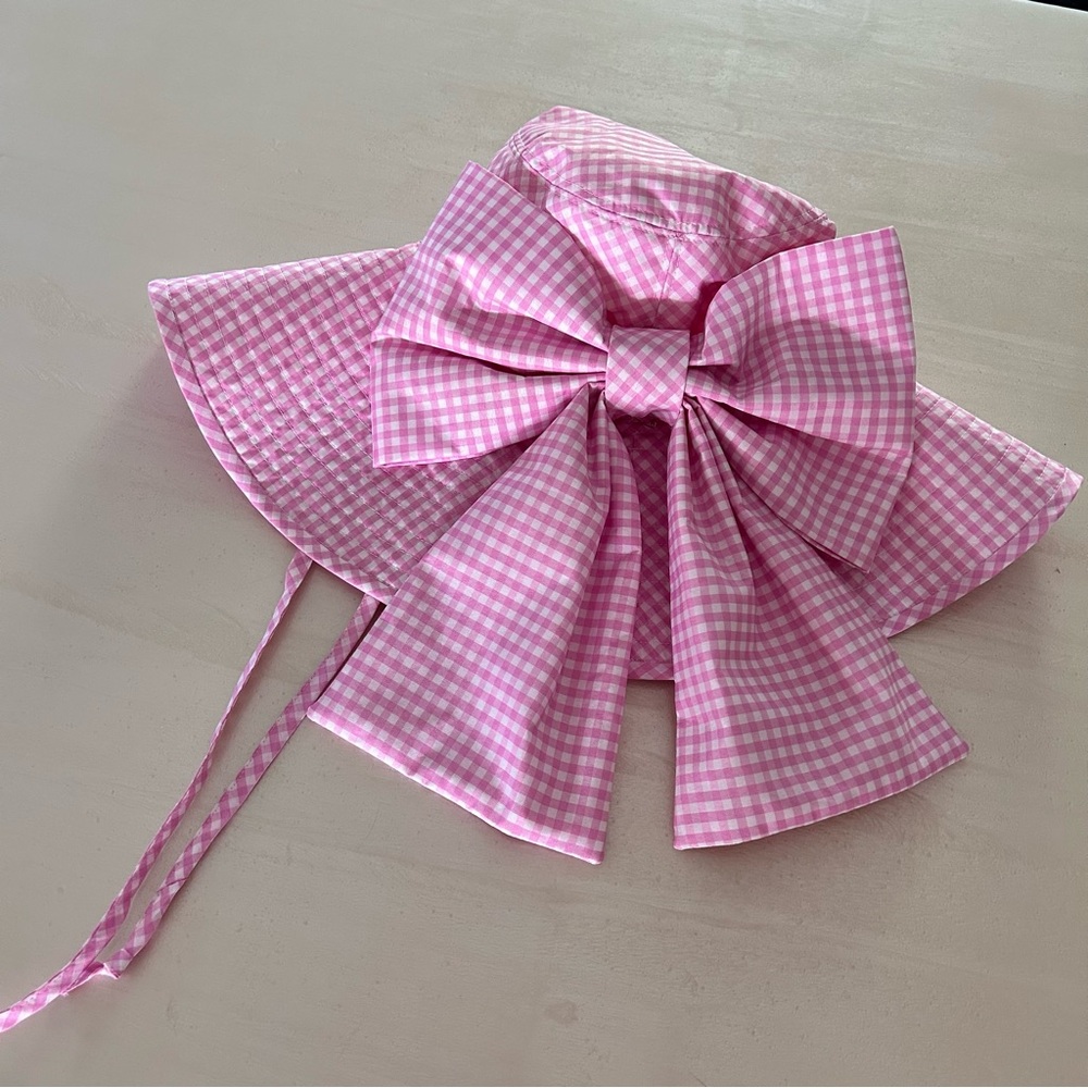 Handmade Barbie Pink Gingham Women's Sun Hat with Bow